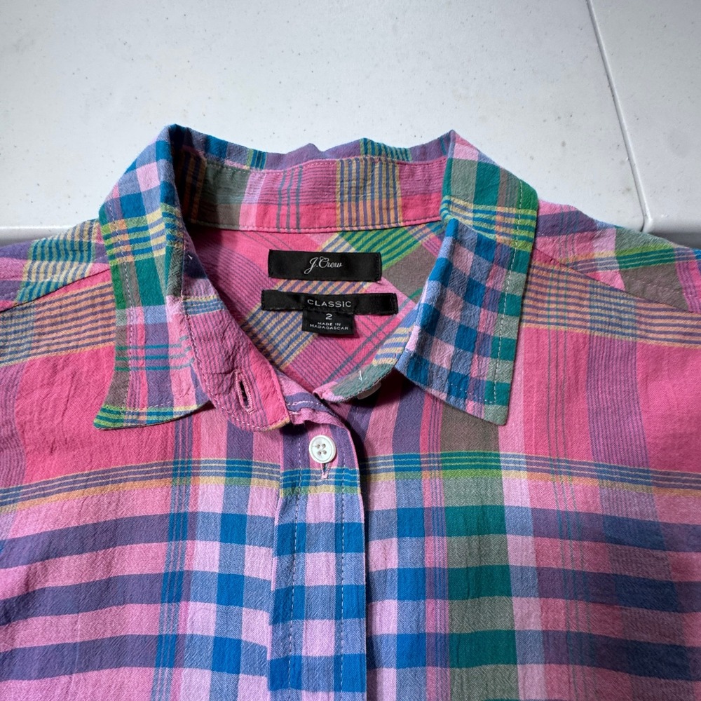 J.Crew Button Down Shirt Womens 2 Pink Madras Plaid Preppy Coastal Classic - Picture 9 of 9